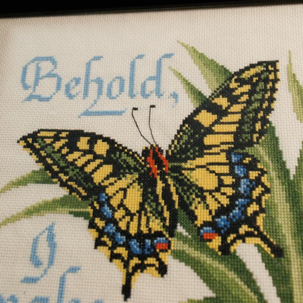 Vintage 1998 Framed Butterfly Cross Stitch Revelation 21:5 Scripture Wall Art